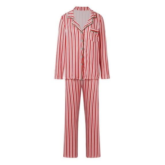 VNKIDY Women Family Matching Santa Prints Pajama Set Long Sleeve Lapel Button Down Top Loose Fit Pants For Holiday Home Wear Fashionable Set