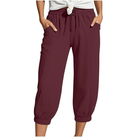 VNKIDY Women Fashion Straight Leg Casual Pants Solid Color Calf Length High Waist Sports Loose Shorts Comfort Slacks