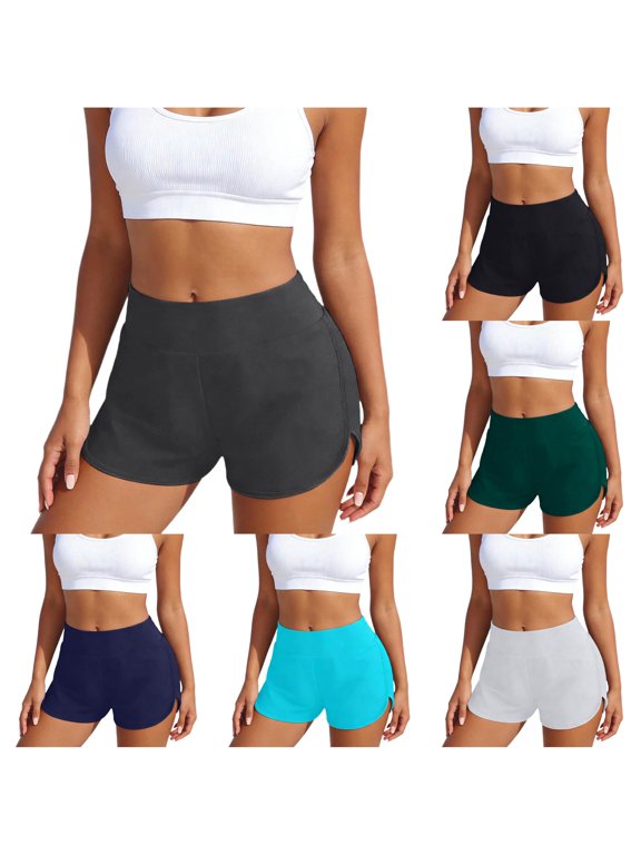 Women High Waist Curved Split Hem Athletic Swim Shorts Solid Color Stretch Quick Dry Breathable Slim Fit Workout Running Sport Swimwear Bottoms Leisure Swimwear L