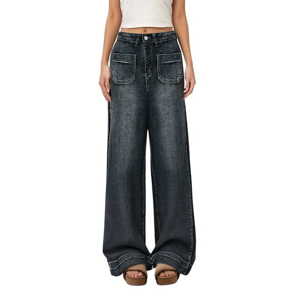 VNKIDY Women Jeans Fashion Casual Wide Leg Jeans Vintage High Wasited Loose Fit Denim Pants With Front Patch Pockets For Casual Daily Wear Stylish Trousers