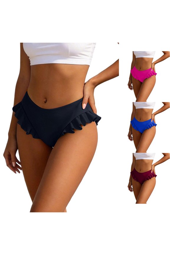 Women Mid Rise Ruffle Trim Bikini Bottom Solid Color Stretch High Elastic Breathable Curved Waist Cheeky Fit Beach Swim Briefs Separate Swimwear Bottom Lightweight Swimwear S