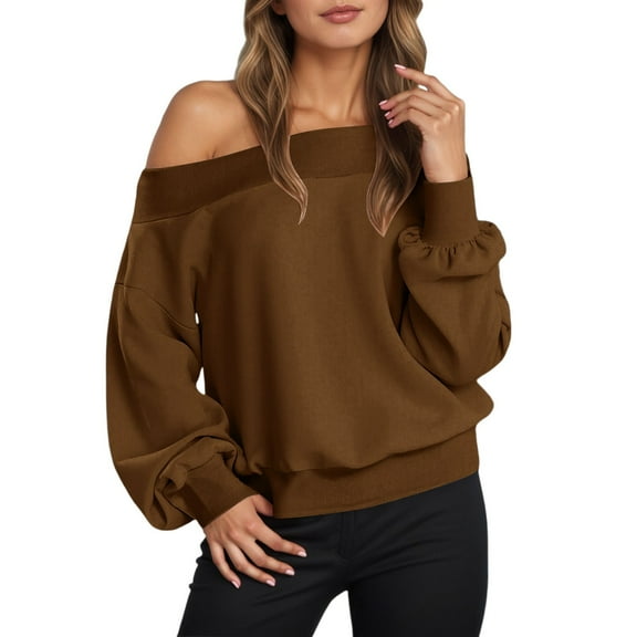 VNKIDY Women Off Shoulder Sweatshirt Long Sleeve Casual Loose Fit Plush O-Neck Pullover Tops For Comfortable Wear Solid Color Stylish Dailywear