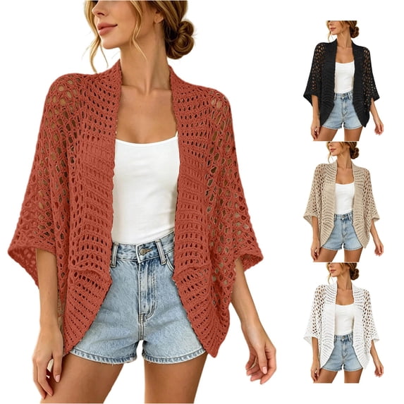 VNKIDY Women Open Front Half Sleeve Grid Hollow Crochet Knit Kimono Cardigan Loose Relaxed Fit Lightweight Bohemian Daily Casual Beach Layering Cover Up