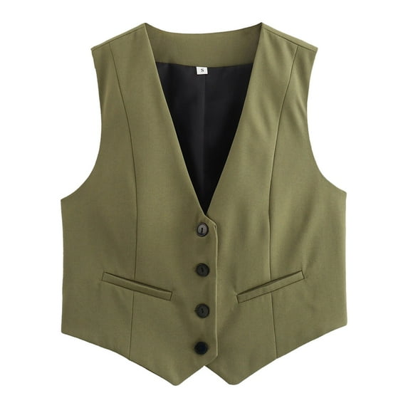 VNKIDY Women Outerwear Vests Cropped Suit Dressy Vest Solid Color V Neck Sleeveless Button Down Elegant Jacket For Daily Waer Stylish Vests