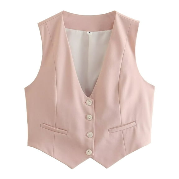 VNKIDY Women Outerwear Vests Cropped Suit Loose Vest Dressy Solid Color V Neck Button Front Sleeveless Jacket Trendy Vests
