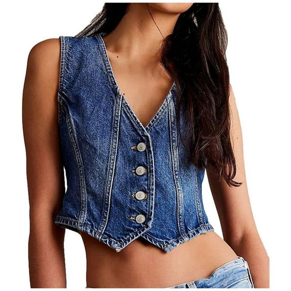 VNKIDY Women Outerwear Vests Fashion Casual V Neck Denim Cropped Top Adjustable Sleeveless Button Front Slim Vest Jean Tank Top Classic Vests