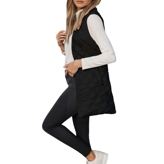VNKIDY Women Outerwear Vests Lightweight Warm Quilted Solid Color Long Vest Stand Collar Sleeveless Zipper Loose Fit Outerwear Gilet For Outdoor Wear Leisure Outerwear