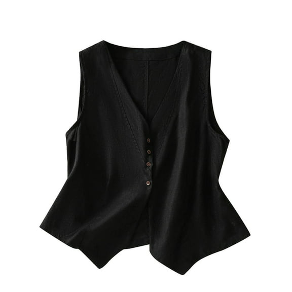 VNKIDY Women Outerwear Vests Linen Blazer Solid Color Vest Casual Loose V Neck Sleeveless Button Front Vests Jacket For Daily Wear Classic Vests