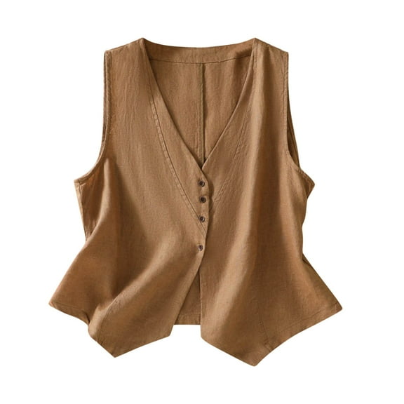 VNKIDY Women Outerwear Vests Linen Blazer Solid Color Vest Casual Loose V Neck Sleeveless Button Front Vests Jacket For Daily Wear Cozy Vests
