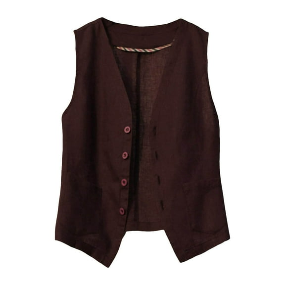 VNKIDY Women Outerwear Vests Solid Color Button Front Vest Sleeveless V Neck Waistcoat With Dual Pockets Breathable Layering Piece For Casual Wear Fashionable Vests