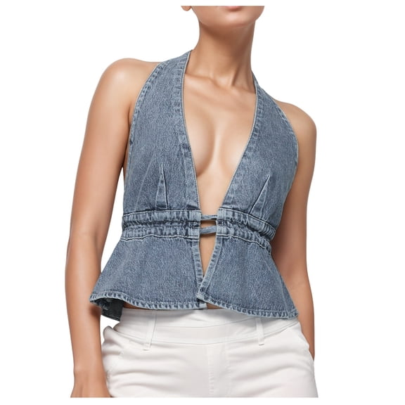 VNKIDY Women Outerwear Vests Solid Color Denim Halter Vest Sleeveless Backless Tie Tank Top Deep V Neck Jean Vest Streetwear Casual Vests