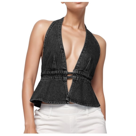 VNKIDY Women Outerwear Vests Solid Color Denim Halter Vest Sleeveless Backless Tie Tank Top Deep V Neck Jean Vest Streetwear Classic Vests