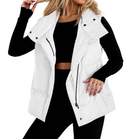 VNKIDY Women Outerwear Vests Solid Color Full Zipper Sleeveless Padded Gilet Lapel Loose Fit Vest With Pockets For Autumn Winter Wear Casual Outerwear
