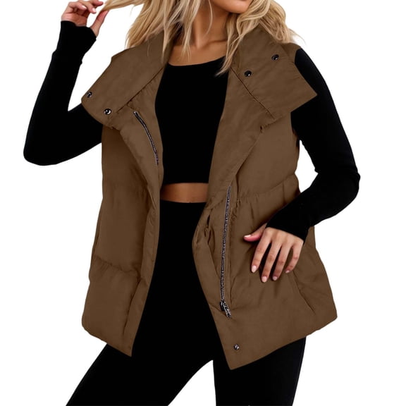 VNKIDY Women Outerwear Vests Solid Color Full Zipper Sleeveless Padded Gilet Lapel Loose Fit Vest With Pockets For Autumn Winter Wear Casual Outerwear