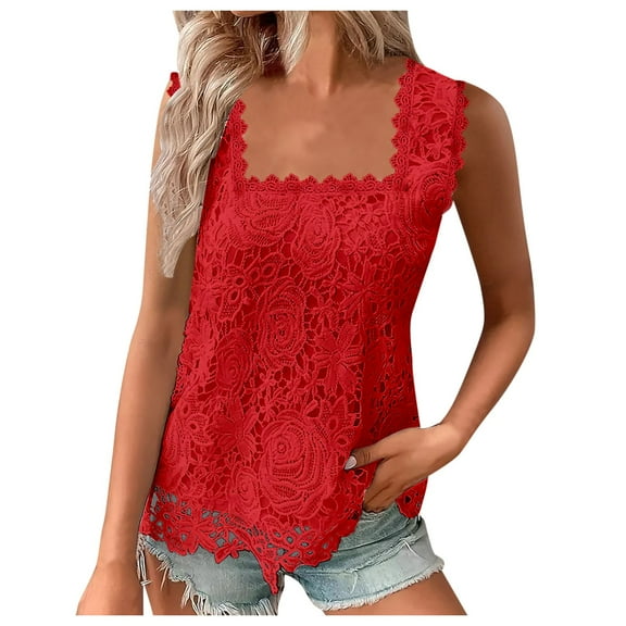 VNKIDY Women Outerwear Vests Solid Color Lace Tank Top Square Neck Sleeveless Floral Crochet Vest With Scalloped Trim For Daily Wear Casual Vests