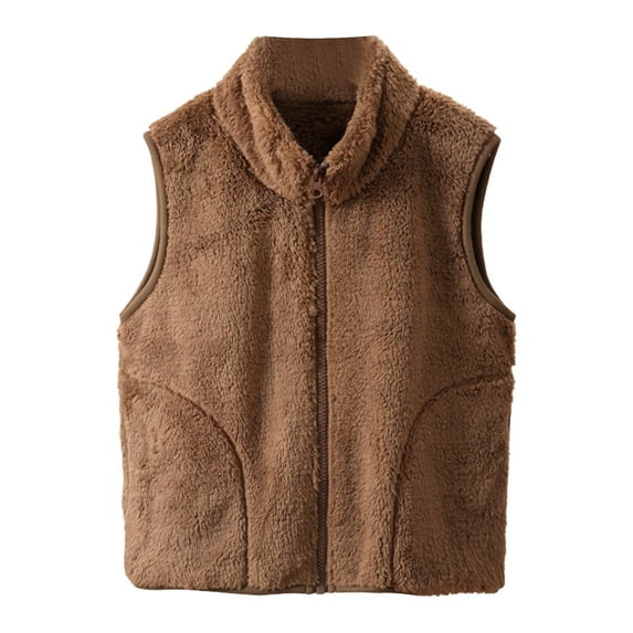 VNKIDY Women Outerwear Vests Solid Color Plush Warm Thermal Vests Autumn Winter Sleeveless Zipper Standing Collar Vest With Pockeys For Outdoor Wear Stylish Vests