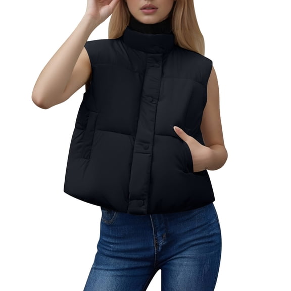 VNKIDY Women Outerwear Vests Winter Warm Stand Collar Quilted Down Short Vest Solid Color Sleeveless Padded Gilet Warmth Outerwear For Casual Wear Fashionable Outerwear