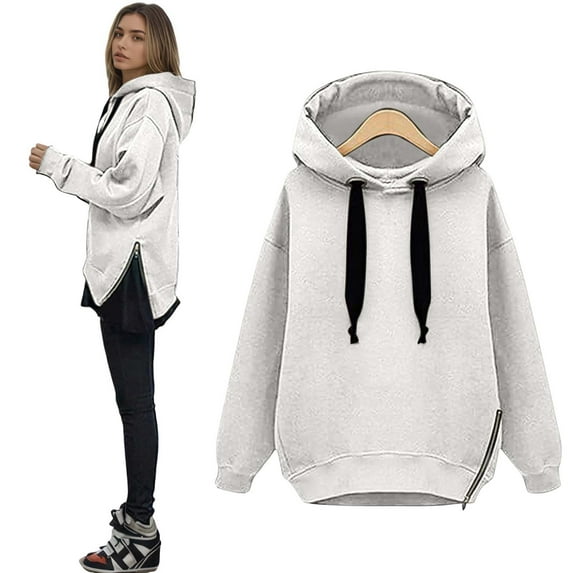 VNKIDY Women Oversized Hooded Sweatshirt Long Sleeve Pullover Cozy Tops Mid Length Casual Streetwear Outerwear For Fall Winter Solid Color Breathable Dailywear