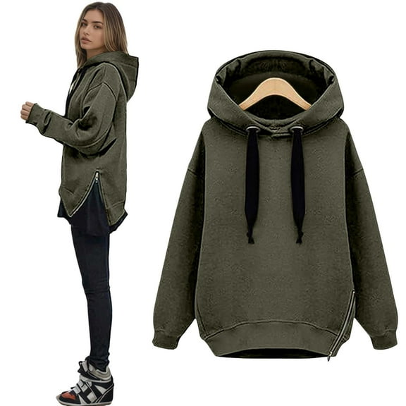 VNKIDY Women Oversized Hooded Sweatshirt Long Sleeve Pullover Cozy Tops Mid Length Casual Streetwear Outerwear For Fall Winter Solid Color Comfort Dailywear