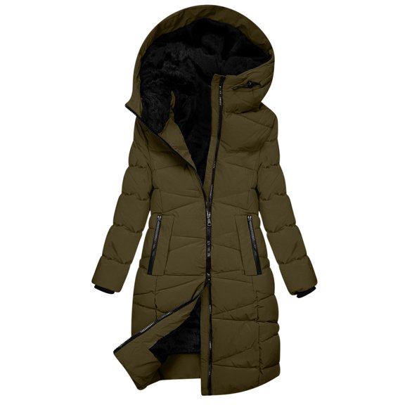 VNKIDY Women Parkas Winter Warm Solid Color Lightweight Puffer Coat Stylish Functional Long Sleeve Zipper Hooded Jacket With Pockets For Cold Weather Versatile Outerwear