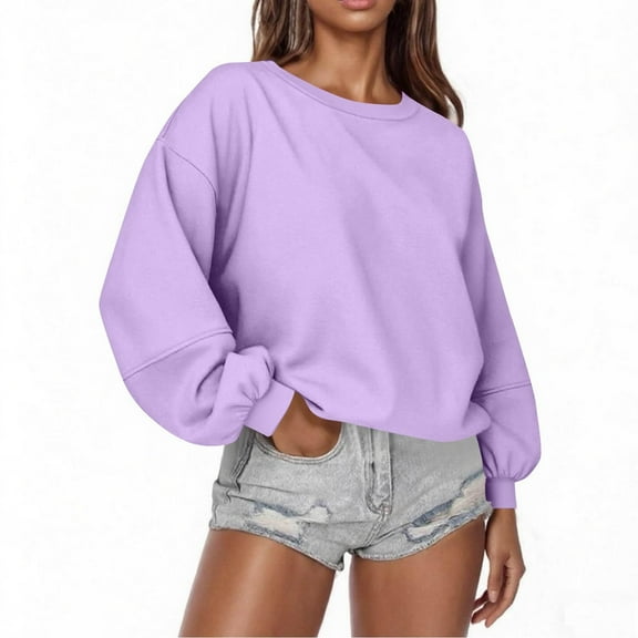 VNKIDY Women Relaxed Fit Crew Neck Long Sleeve Sweatshirt Casual Tops For Everyday Wear Solid Color Pullover Fashionable Dailywear