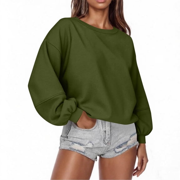 VNKIDY Women Relaxed Fit Crew Neck Long Sleeve Sweatshirt Casual Tops For Everyday Wear Solid Color Pullover Trendy Dailywear