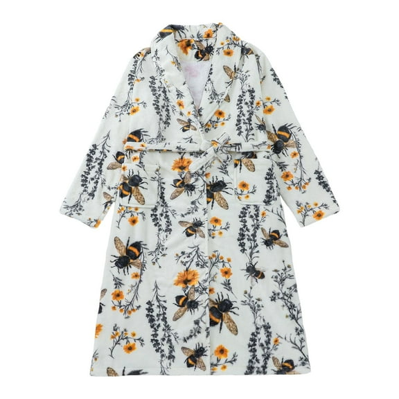 VNKIDY Women Robes Soft Winter Warm Plush Bathrobe With Print Long Sleeve Cozy Homewear Soft Kimono Housecoat For Ladies Cute Robes