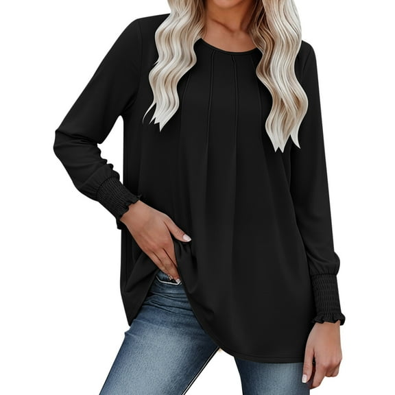 VNKIDY Women Shirts Casual Solid Color Blouse With Pleated Detail Long Sleeve Crewneck Loose Fit Shirt For Relaxed Elegant Style Fashionable Tops