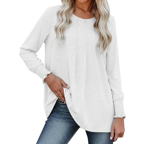 VNKIDY Women Shirts Casual Solid Color Blouse With Pleated Detail Long Sleeve Crewneck Loose Fit Shirt For Relaxed Elegant Style Fashionable Tops