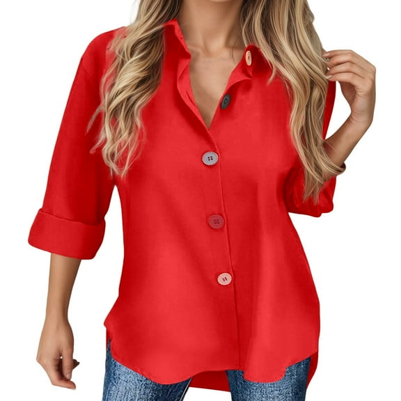 VNKIDY Women Shirts Casual Solid Color Satin Silk Blouse 3/4 Sleeve Loose Fit Colorful Button Down Shirt For Daily Wear Soft Tops