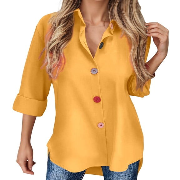 VNKIDY Women Shirts Casual Solid Color Satin Silk Blouse 3/4 Sleeve Loose Fit Colorful Button Down Shirt For Daily Wear Soft Tops