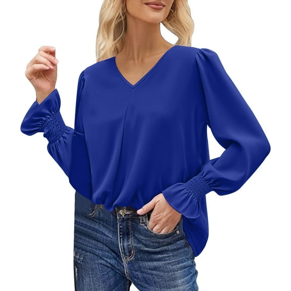 VNKIDY Women Shirts Elegant Solid Color Flowy Chiffon Blouse With Flare Long Sleeve Loose Fit V Neck Shirt For Casual Daily Wear Soft Tops