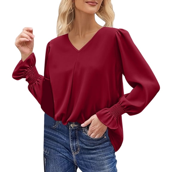 VNKIDY Women Shirts Elegant Solid Color Flowy Chiffon Blouse With Flare Long Sleeve Loose Fit V Neck Shirt For Casual Daily Wear Trendy Tops