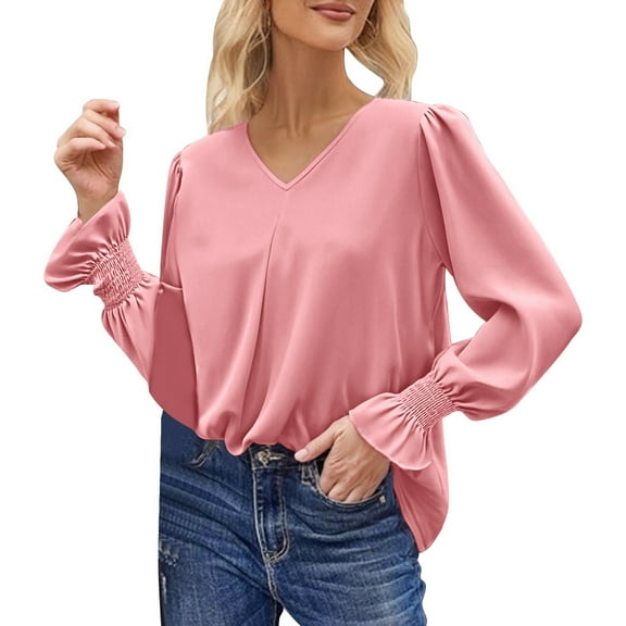 VNKIDY Women Shirts Elegant Solid Color Flowy Chiffon Blouse With V Neck Flare Long Sleeve Loose Fit Shirt For All Season Wear Stylish Tops