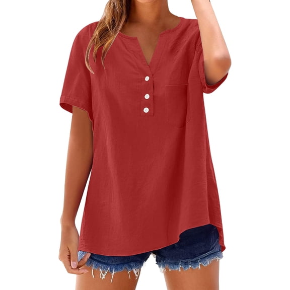 VNKIDY Women Shirts Ladies Casual V Neck Half Button Short Sleeve Top With Front Pocket Loose Fit Solid Color Blouse For Summer Daily Wear Casual Tops
