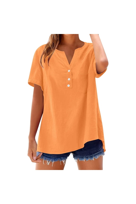 Women Shirts Ladies Casual V Neck Half Button Short Sleeve Top With Front Pocket Loose Fit Solid Color Blouse For Summer Daily Wear Casual Tops