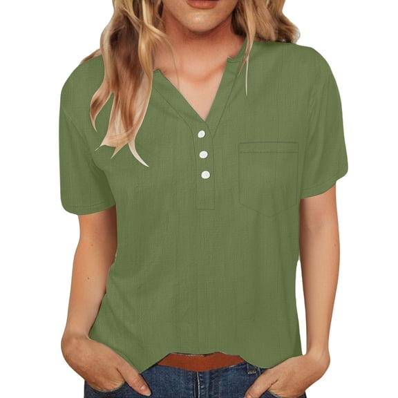 VNKIDY Women Shirts Ladies Casual V Neck Half Button Short Sleeve Top With Front Pocket Loose Fit Solid Color Blouse For Summer Daily Wear Versatile Tops