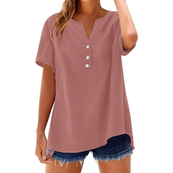 VNKIDY Women Shirts Ladies Casual V Neck Half Button Short Sleeve Top With Front Pocket Loose Fit Solid Color Blouse For Summer Daily Wear Cozy Tops