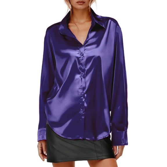 VNKIDY Women Shirts Ladies Satin-Like Silk Solid Color Loose Fit Blouse Long Sleeve Button Down Lapel Shirt For Spring Summer Autumn Stylish Tops