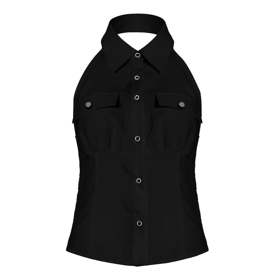 VNKIDY Women Shirts Ladies Solid Color Halter Neck Button Down Shirt With Collar Sleeveless Slim Fit Blouse With Front Pockets Eyelet Details For Edgy Casual Party Looks Leisure Tops