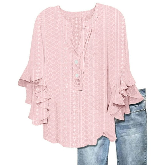 VNKIDY Women Shirts Ladies Solid Color Hollow Out Blouse With Button Detail Tiered Ruffle 3/4 Sleeves V Neck Loose Fit Short For Daily Wear Cozy Tops