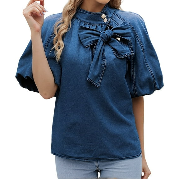 VNKIDY Women Shirts Light Blue Denim Blouse With Statement Bow Detail 3/4 Puff Sleeves Stand Up Collar Stylish Shirts For Everyday Wear Versatile Tops