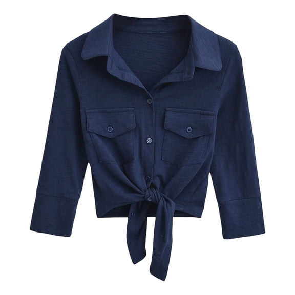 VNKIDY Women Shirts Solid Color Cropped Knitted Shirt With Front Pockets 3/4 Sleeve Button Down Lapel Blouse With Front Tie Detail For Trendy Casual Layered Look Comfortable Tops