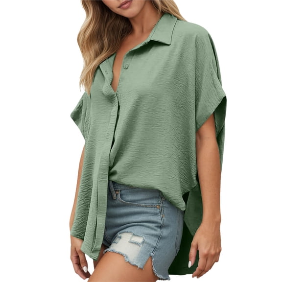VNKIDY Women Shirts Solid Color Lightweight Satin Shirt Batwing Short Sleeve Button Down Lapel Blouse For Summer Wear Cozy Tops