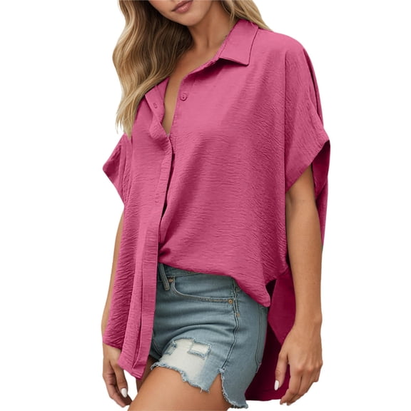 VNKIDY Women Shirts Solid Color Lightweight Satin Shirt Batwing Short Sleeve Button Down Lapel Blouse For Summer Wear Trendy Tops