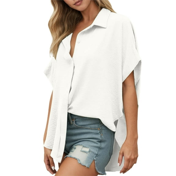 VNKIDY Women Shirts Solid Color Lightweight Satin Shirt Batwing Short Sleeve Button Down Lapel Blouse For Summer Wear Trendy Tops