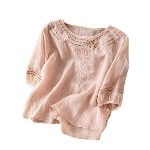 VNKIDY Women Shirts Solid Color Linen Blouse With Embroidered Neckline 3/4 Puff Sleeves Loose Fit Shirt With Hollow Out Details For Casual Summer Days Versatile Tops