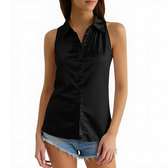 VNKIDY Women Shirts Solid Color Smooth Blouse Sleeveless Button Down Lapel Lightweight Shirt For Casual Daily Wear Versatile Tops