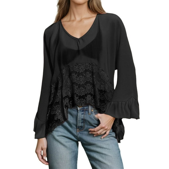 VNKIDY Women Shirts Solid Color V Neck Blouse With Lace Panel Long Bell Ruffled Sleeves Asymmetric Hem Sheer Shirt For Casual Daily Wear Casual Tops