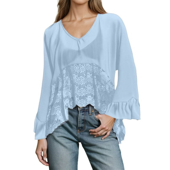 VNKIDY Women Shirts Solid Color V Neck Blouse With Lace Panel Long Bell Ruffled Sleeves Asymmetric Hem Sheer Shirt For Casual Daily Wear Stylish Tops
